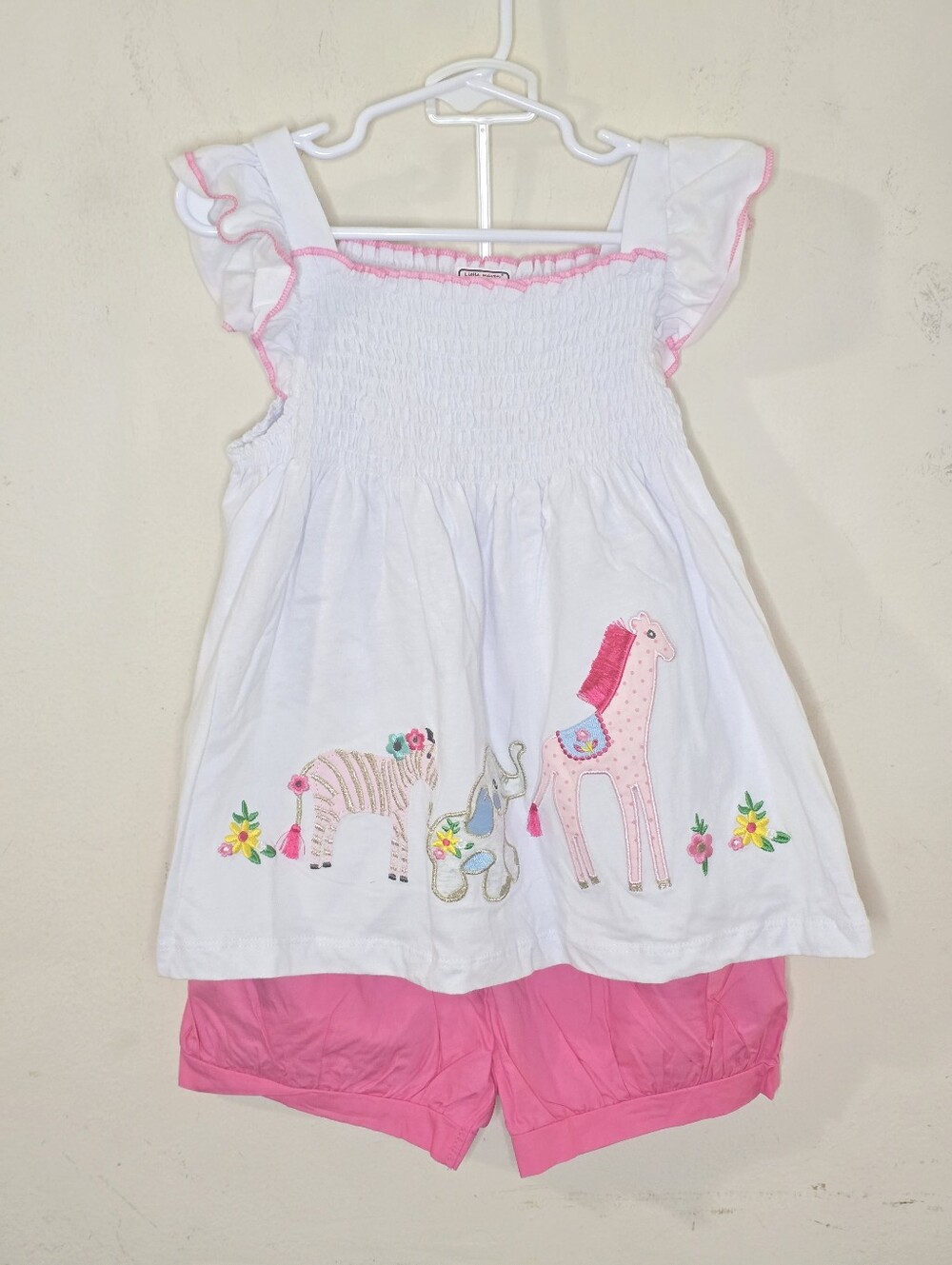 Little Maven Girls Animal Embroidered Top Shorts Set Size 6Y White Pink NWT Cute